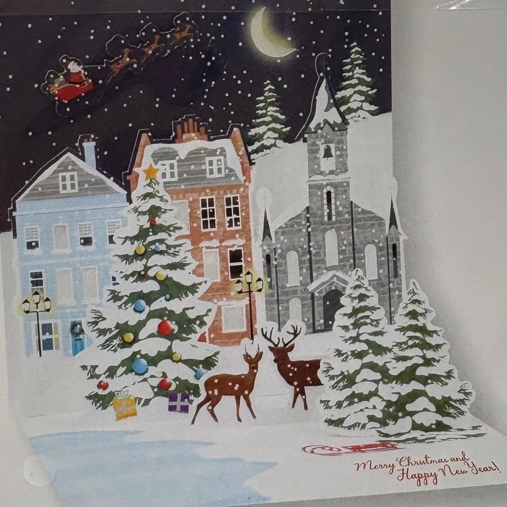 2 Vtg Christmas Pop Up Cards Village‎ Midnight Glow Holiday Winter Decor